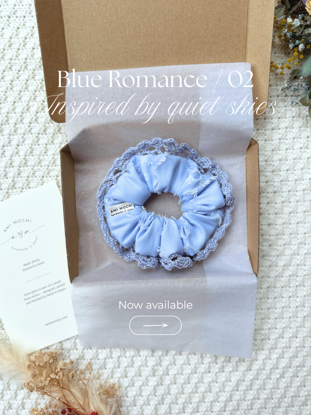 fabric scrunchies finished with hand-crocheted Ami Edgework.  Each piece is made slowly in small batches in Japan, combining carefully selected fabrics with soft yarn details for a gift-ready accessory that feels personal, limited, and special.