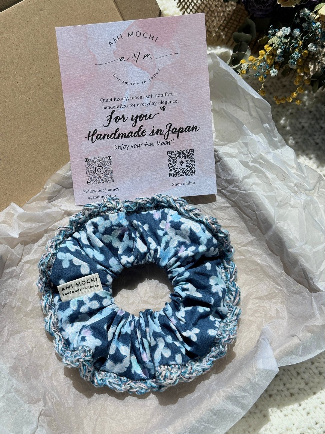 Blue Romance / 01 — Hand-Crocheted Scrunchie in Hydrangea Blue